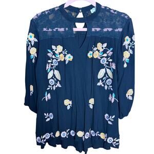 Umgee Embroidered Floral Boho Blouse Black Lace Festival, Cottagecore Artsy Med